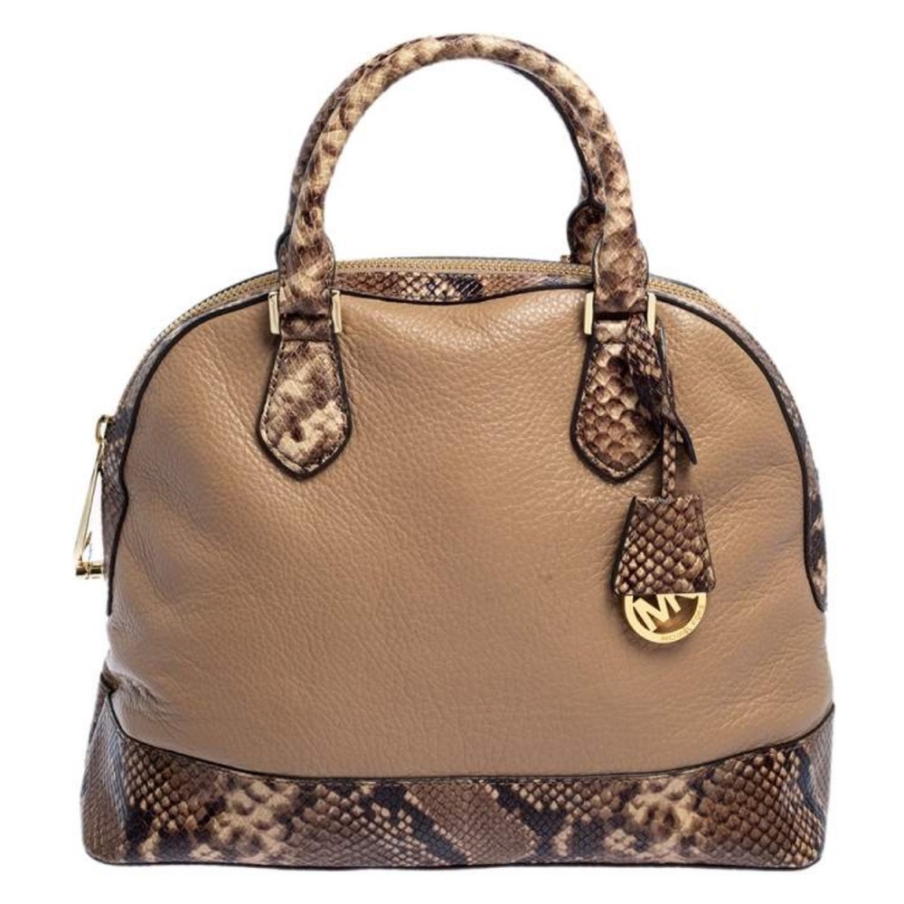 MICHAEL KORS  KHAKI SNAKE EMBOSS LEATHER DOME SATCHEL BAG